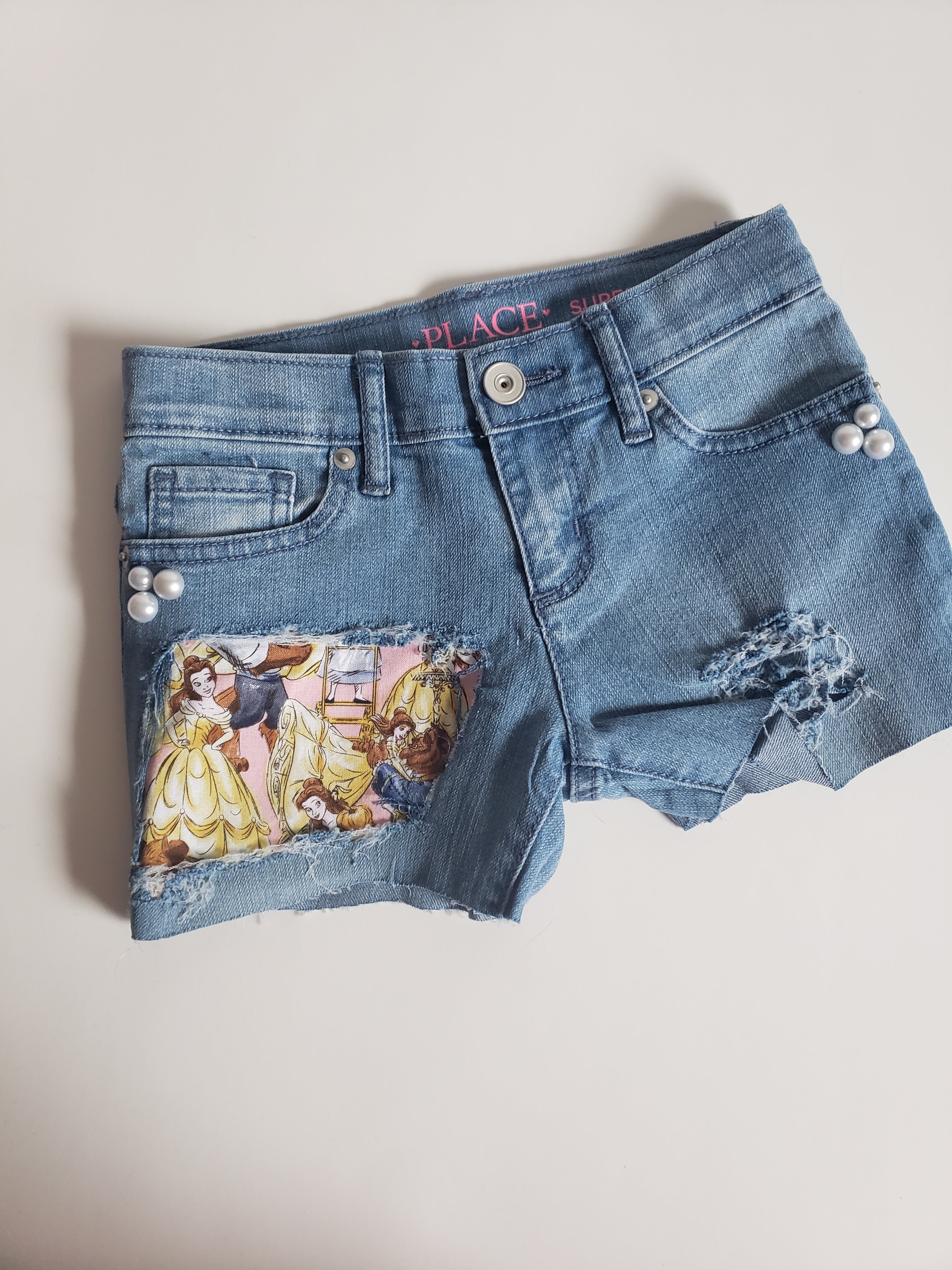 Disney Princess Belle Girls Distressed Jeans Shorts Denim