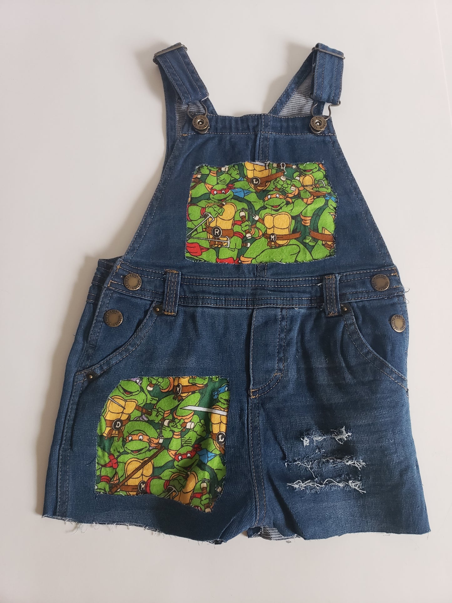 Girls Ninja Turtle Distressed Overalls Shortalls Jumper