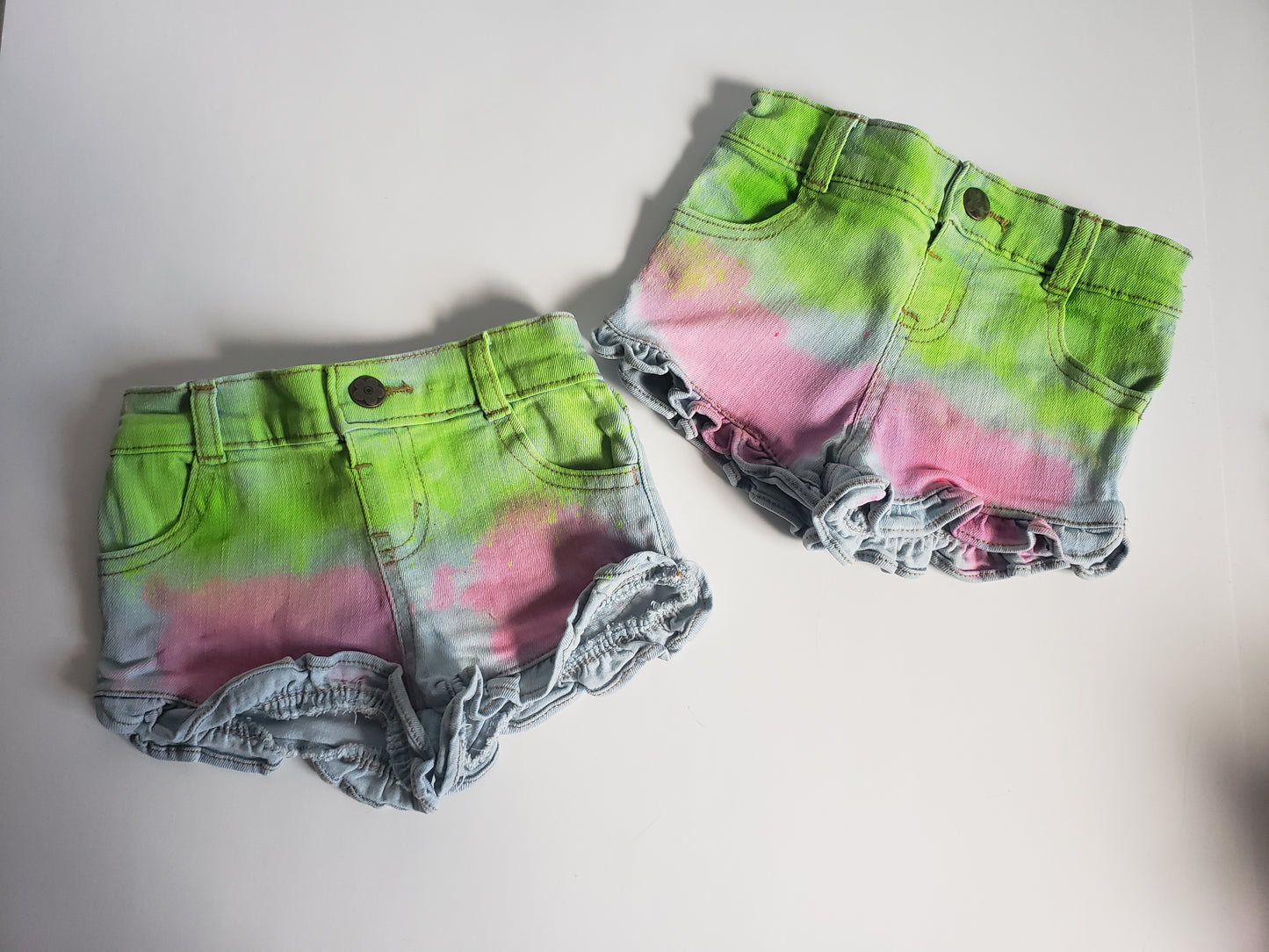 Green and Pink Neon Girls Distressed Jeans Shorts