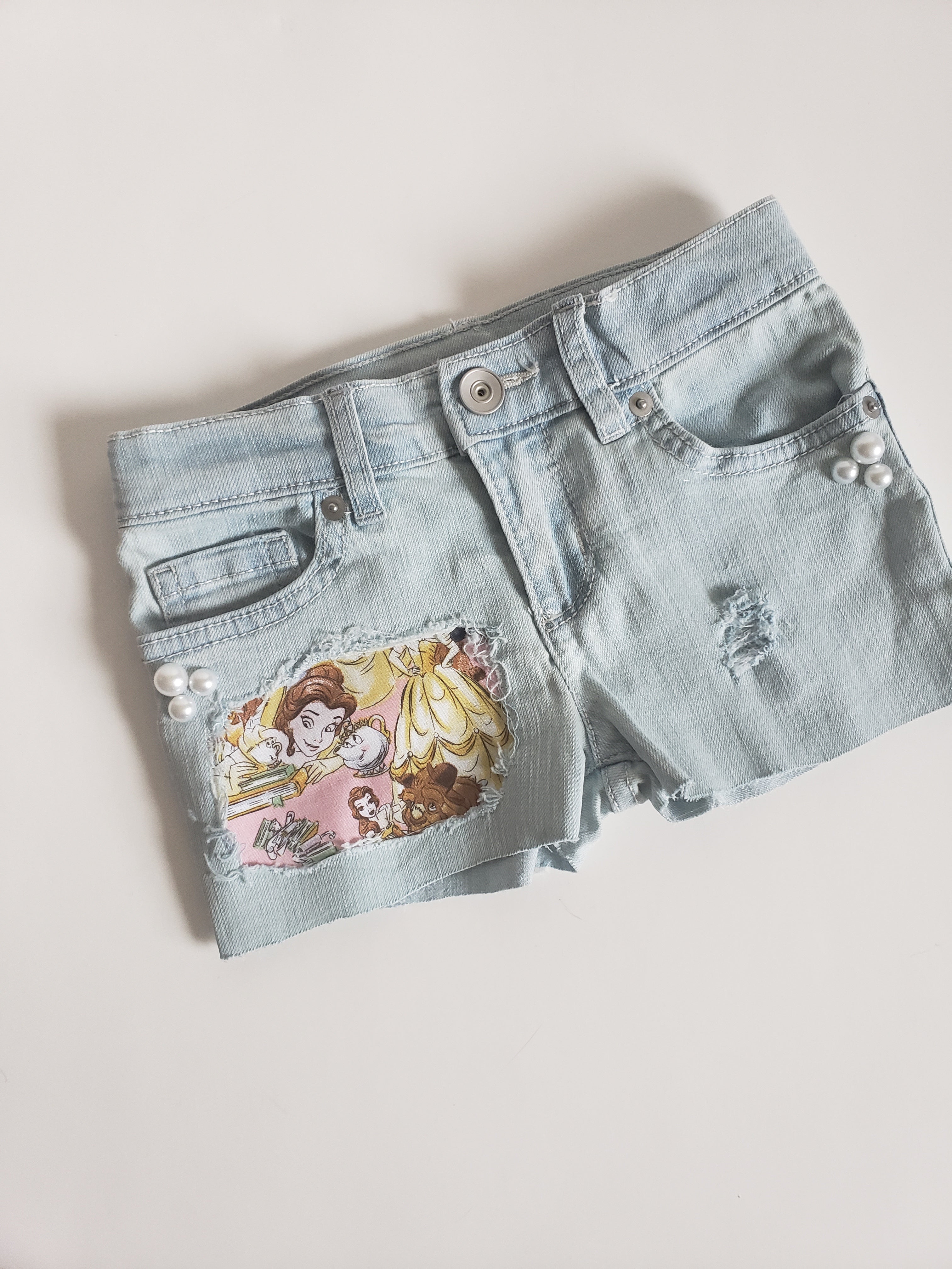 Disney Princess Belle Girls Distressed Jeans Shorts Denim