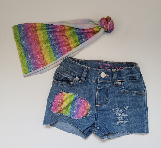 Rainbow Glitter Stripe Girls Distressed Jeans Shorts