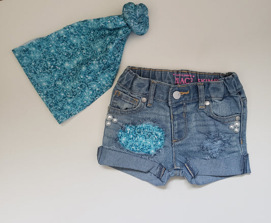 Glitter Blue Girls Distressed Jeans Shorts