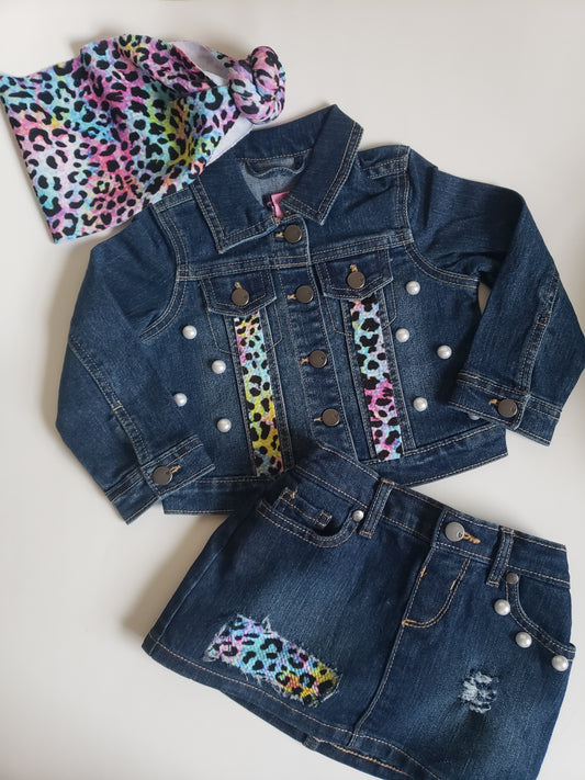 Colorful Cheetah Denim Outfit Sets Girls