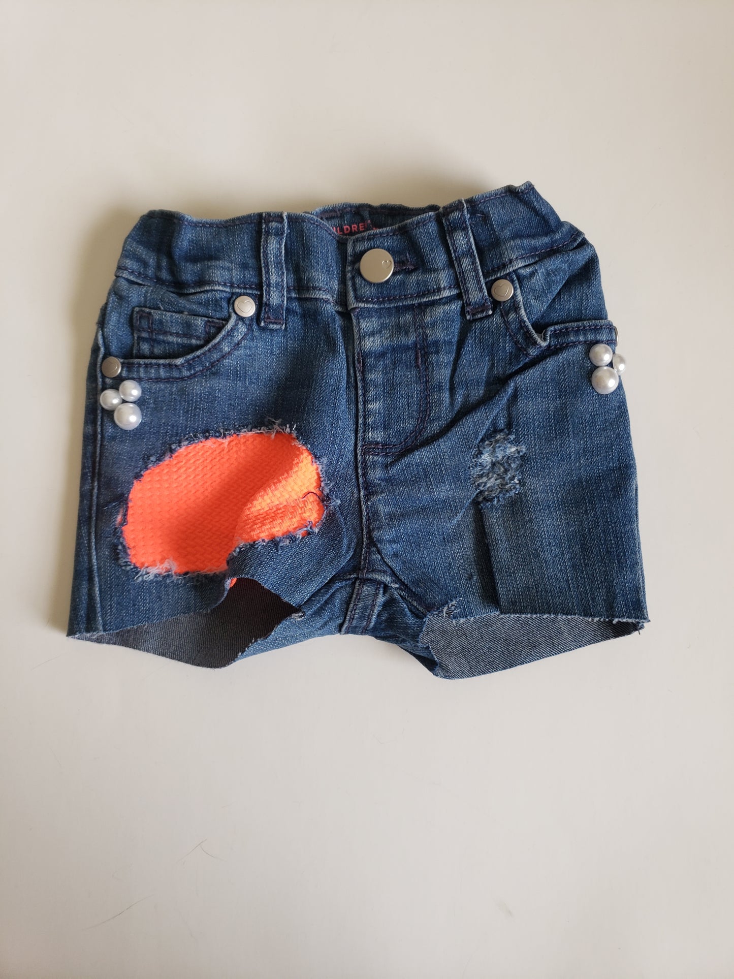 Neon Orange Patch Girls Distressed Jeans Shorts