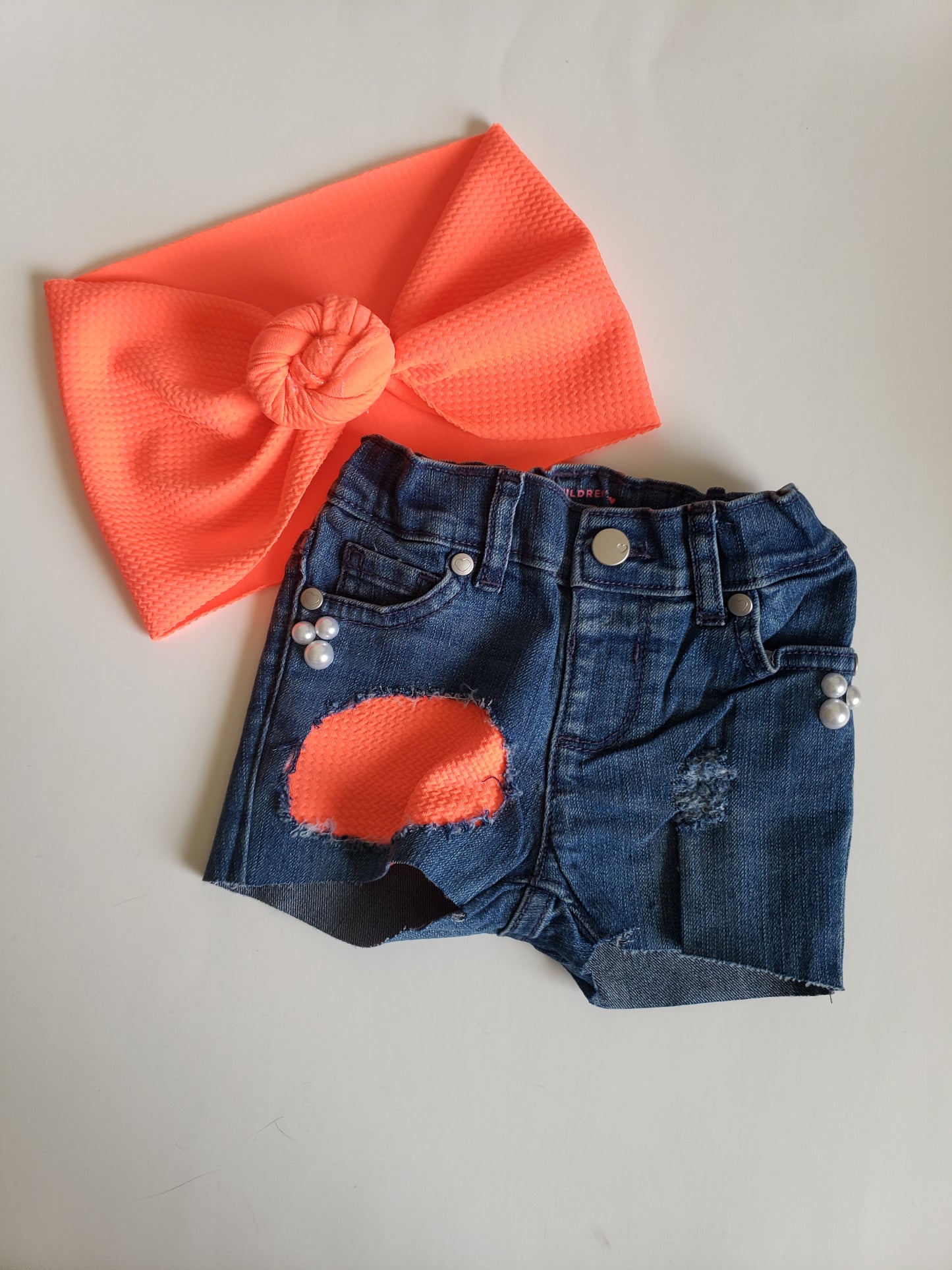 Neon Orange Patch Girls Distressed Jeans Shorts