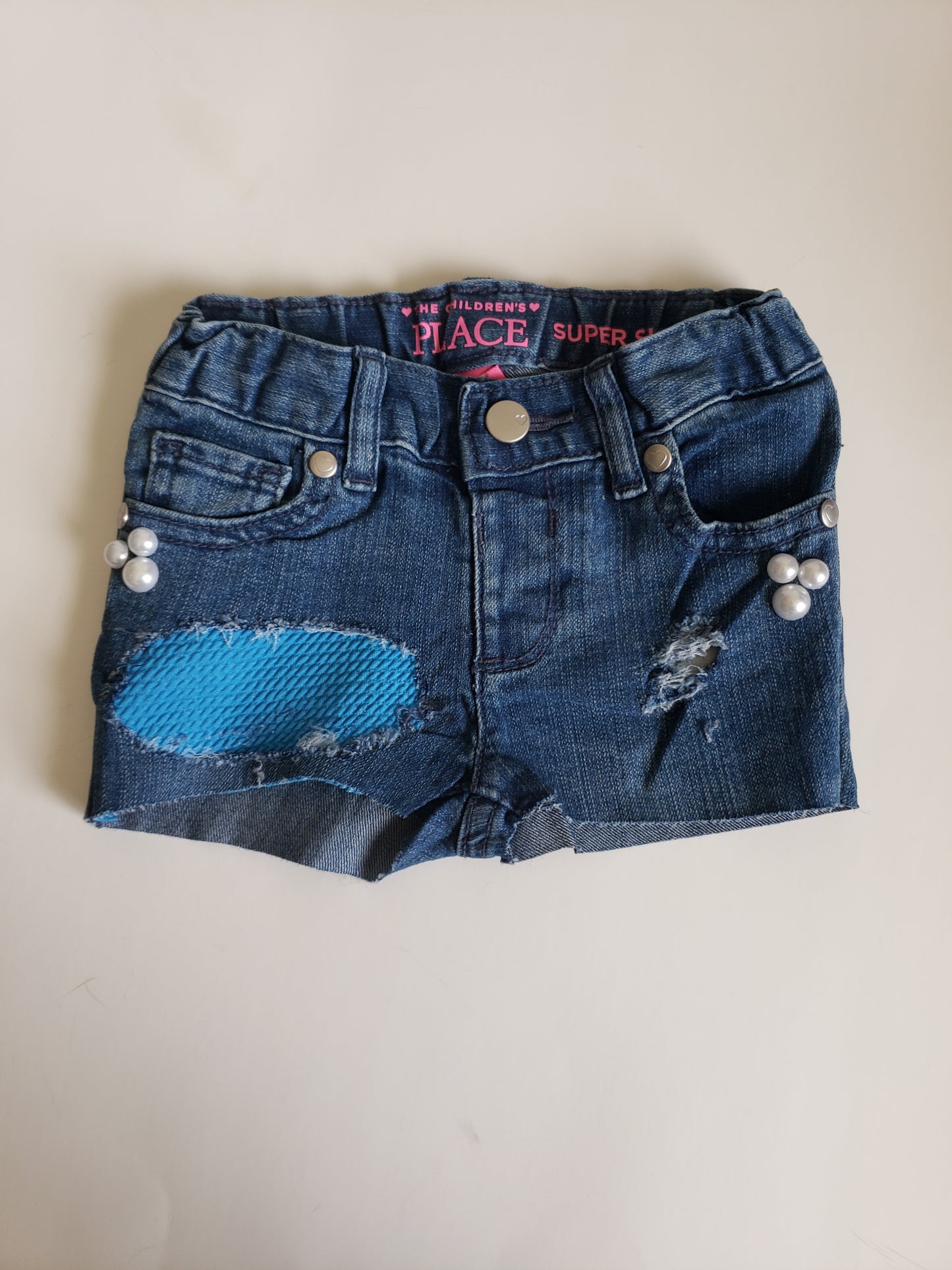 Neon Blue Patch Girls Distressed Jeans Shorts