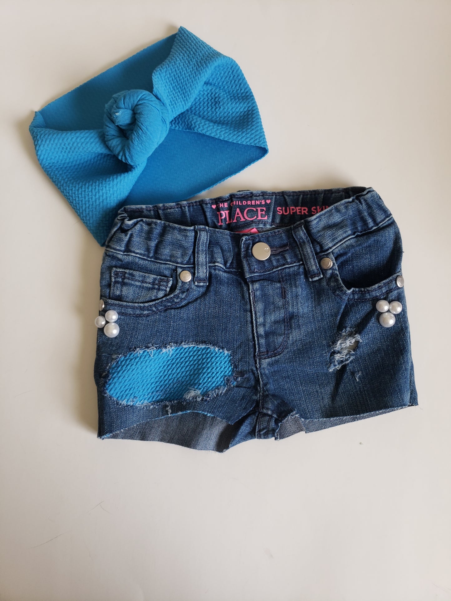 Neon Blue Patch Girls Distressed Jeans Shorts