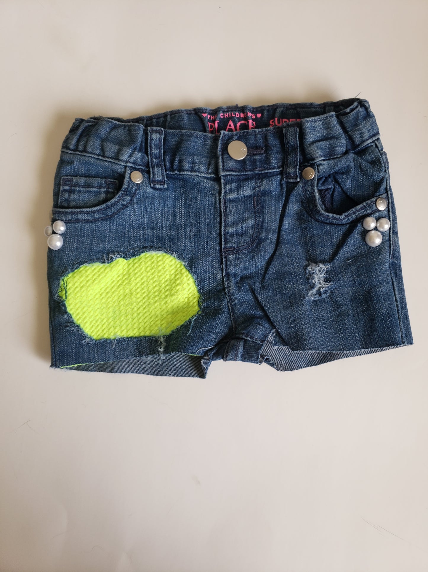 Neon Yellow Patch Girls Distressed Jeans Shorts