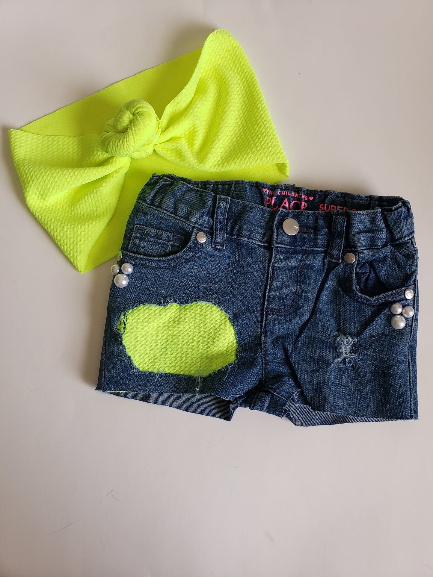 Neon Yellow Patch Girls Distressed Jeans Shorts