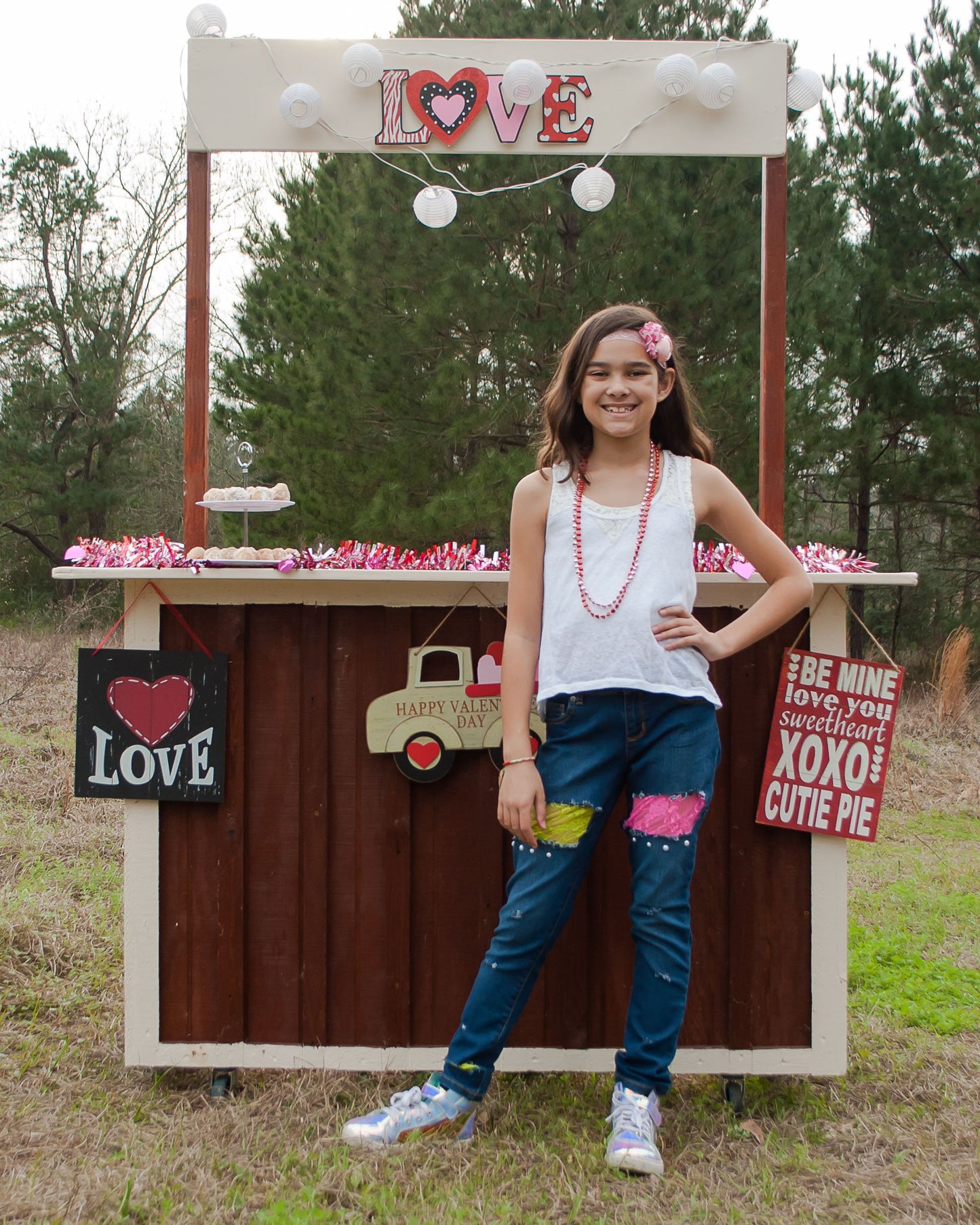 Girls Distressed Jeans Pink and Green Lace Pearls
