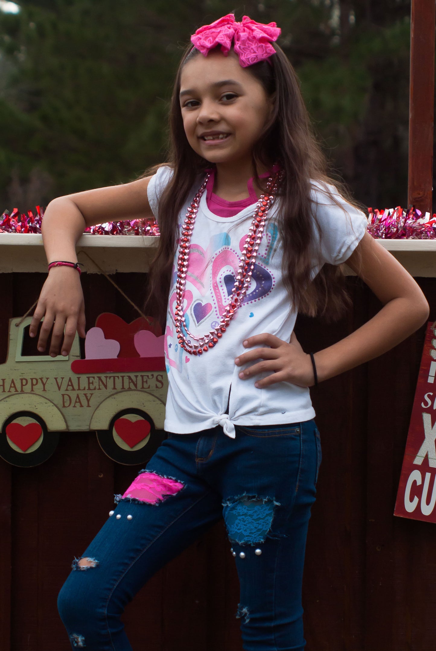 Girls Distressed Jeans Pink and Blue Lace Pearls
