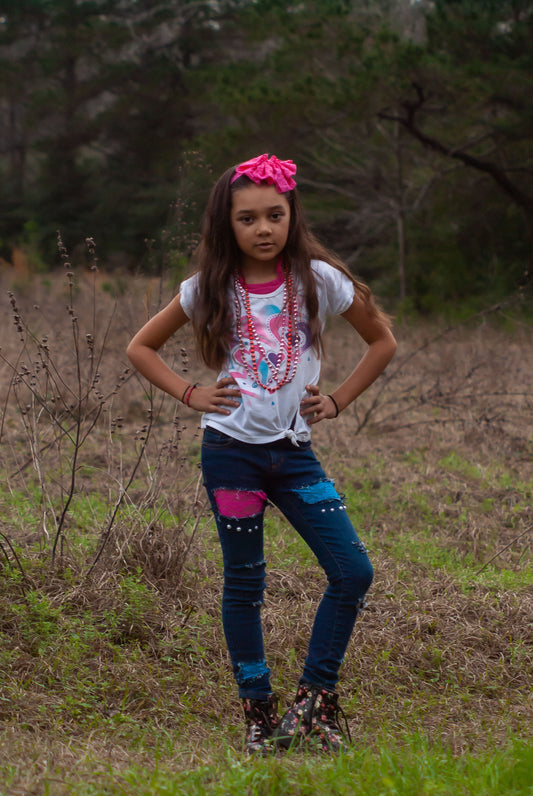 Girls Distressed Jeans Pink and Blue Lace Pearls