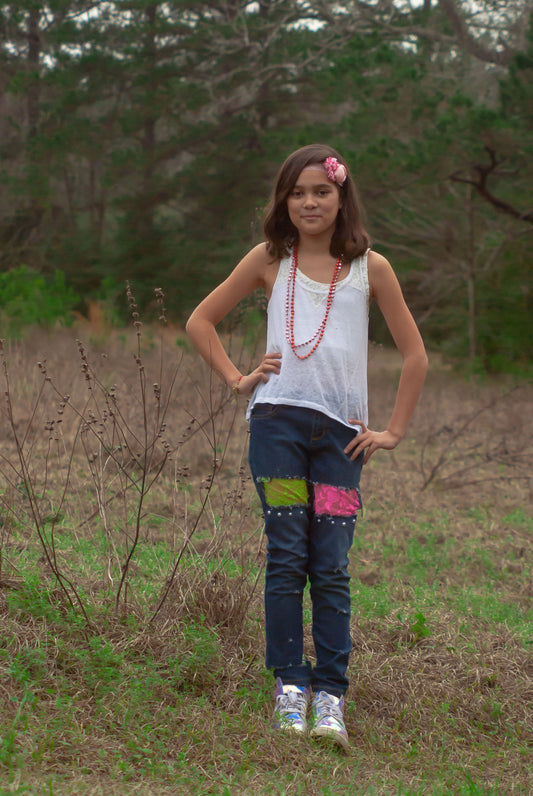 Girls Distressed Jeans Pink and Green Lace Pearls