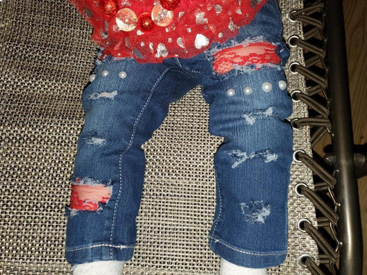 Valentine's Girls Distressed Jeans Red Lace Pearls