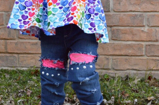 Girls Distressed Jeans Hot Pink Lace Pearls
