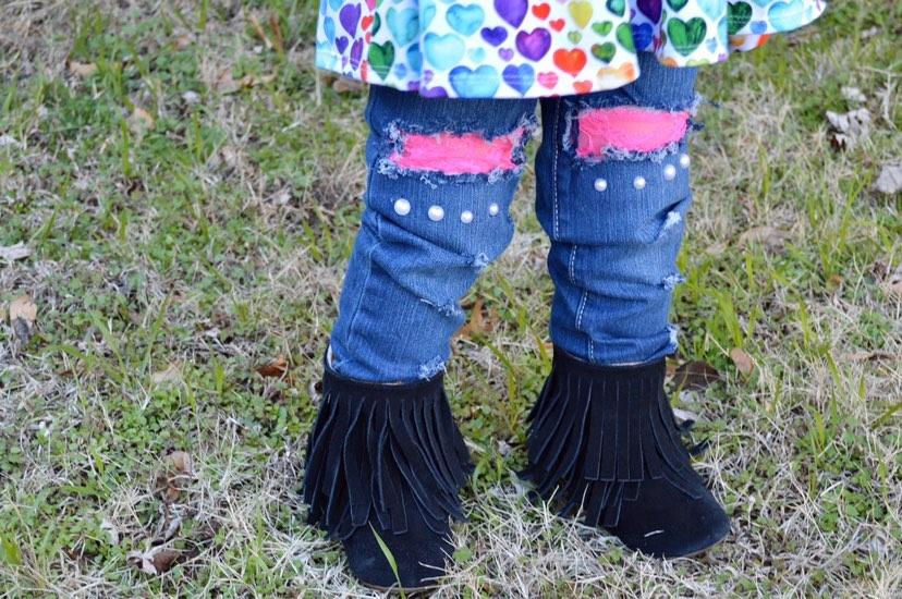 Girls Distressed Jeans Hot Pink Lace Pearls
