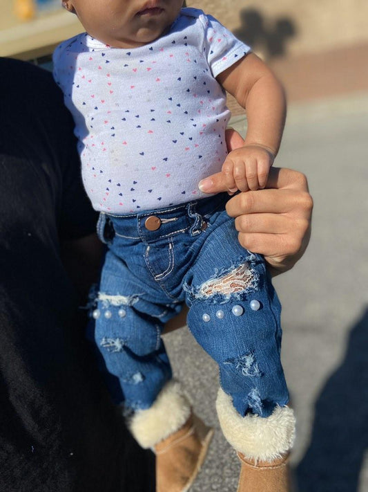Girls Distressed Jeans Cream Lace Pearls