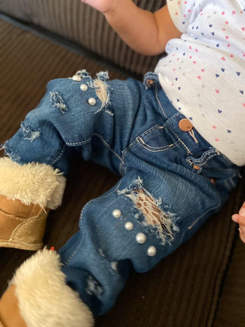 Girls Distressed Jeans Cream Lace Pearls