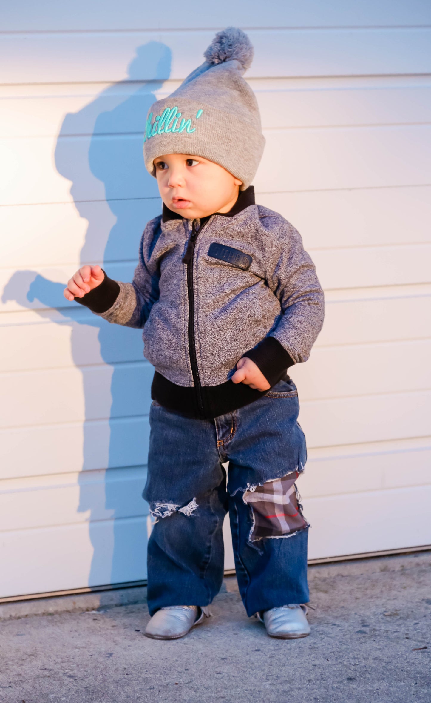 Boys Distressed Jeans Grey Plaid