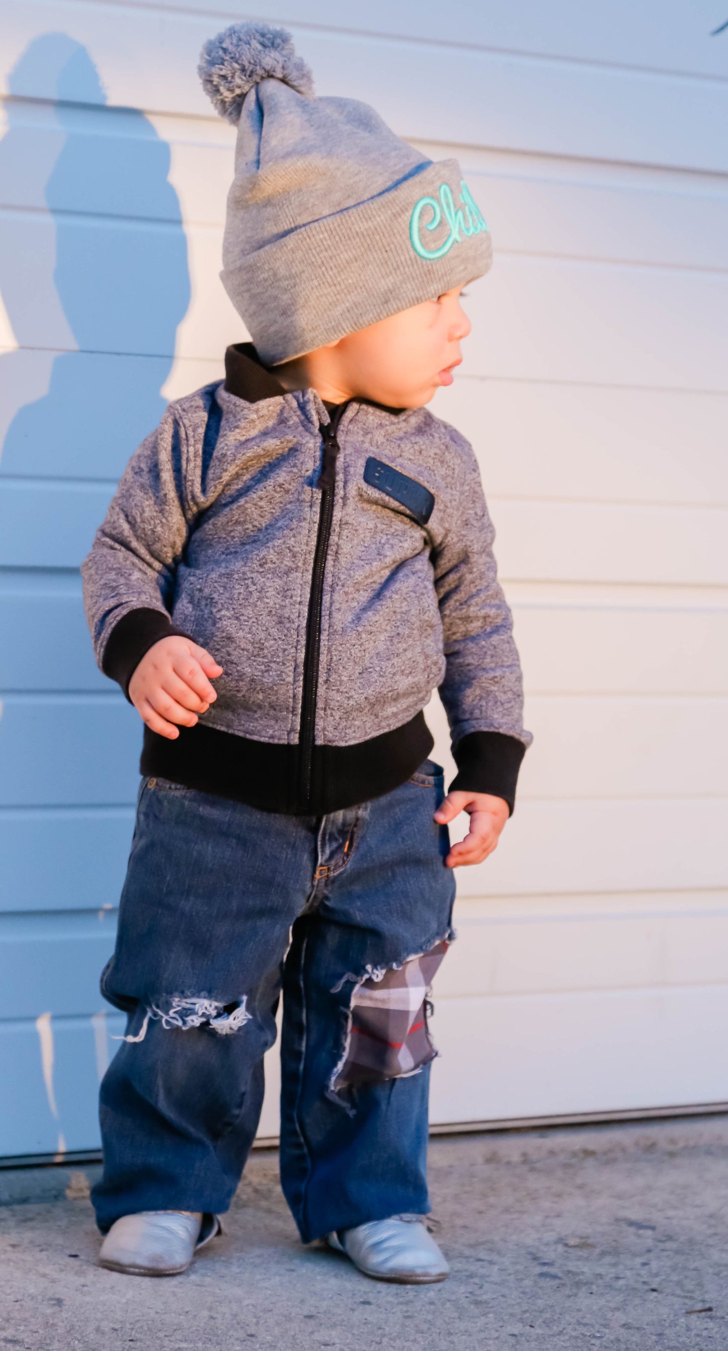 Boys Distressed Jeans Grey Plaid