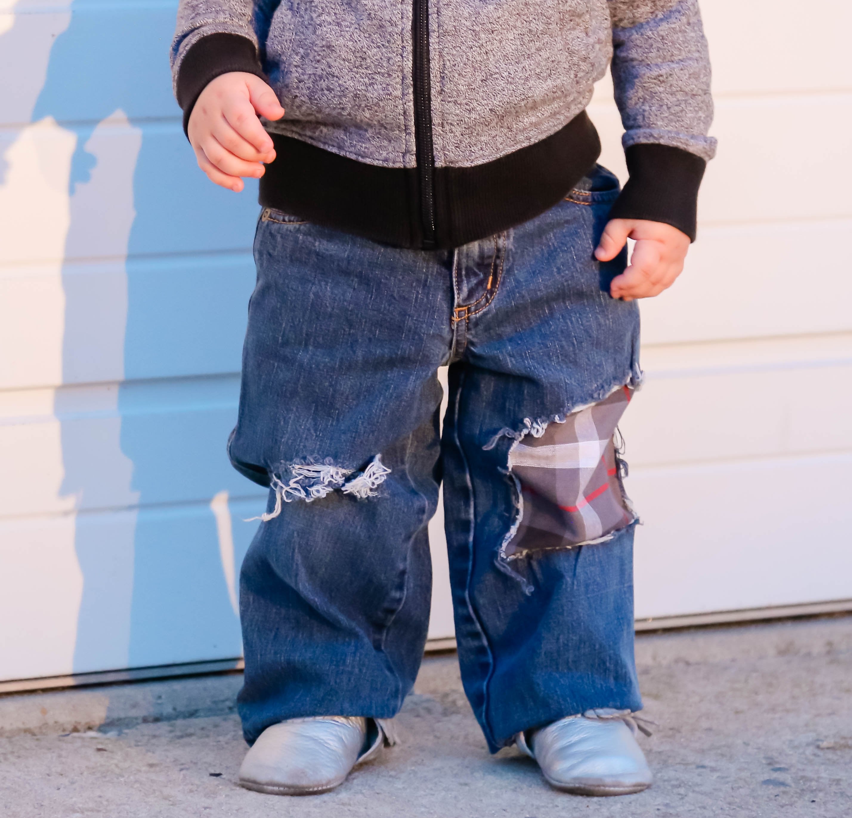 Boys Distressed Jeans Grey Plaid