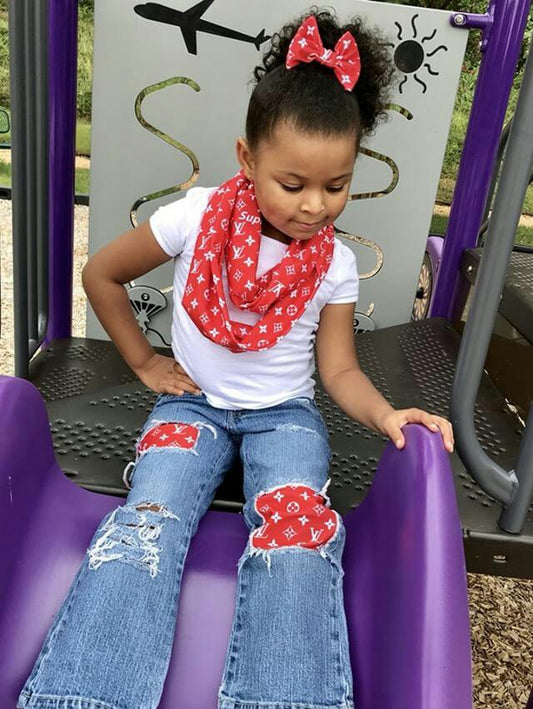 Red LV Girls Distressed Jeans Designer