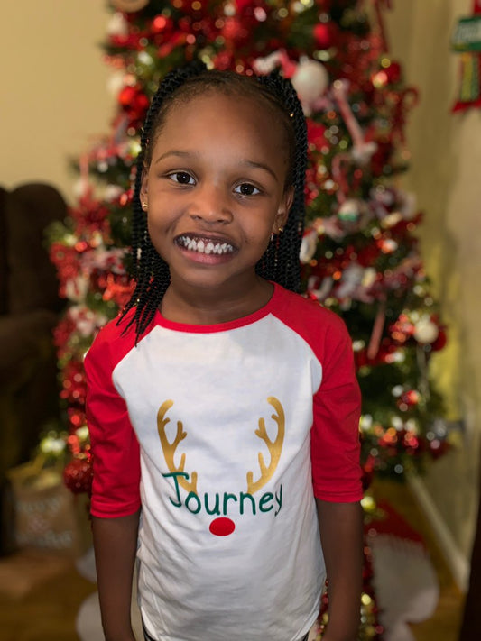 Personalized Reindeer Christmas Raglan Girls Shirt Boys Shirt