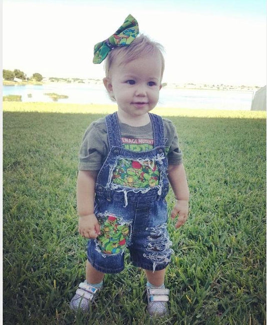 Girls Ninja Turtle Distressed Overalls Shortalls Jumper