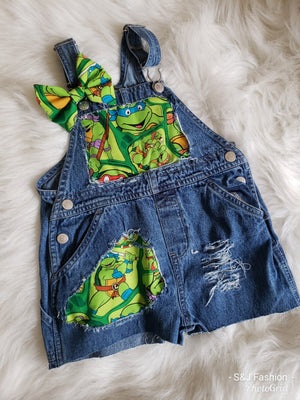 Girls Ninja Turtle Distressed Overalls Shortalls Jumper