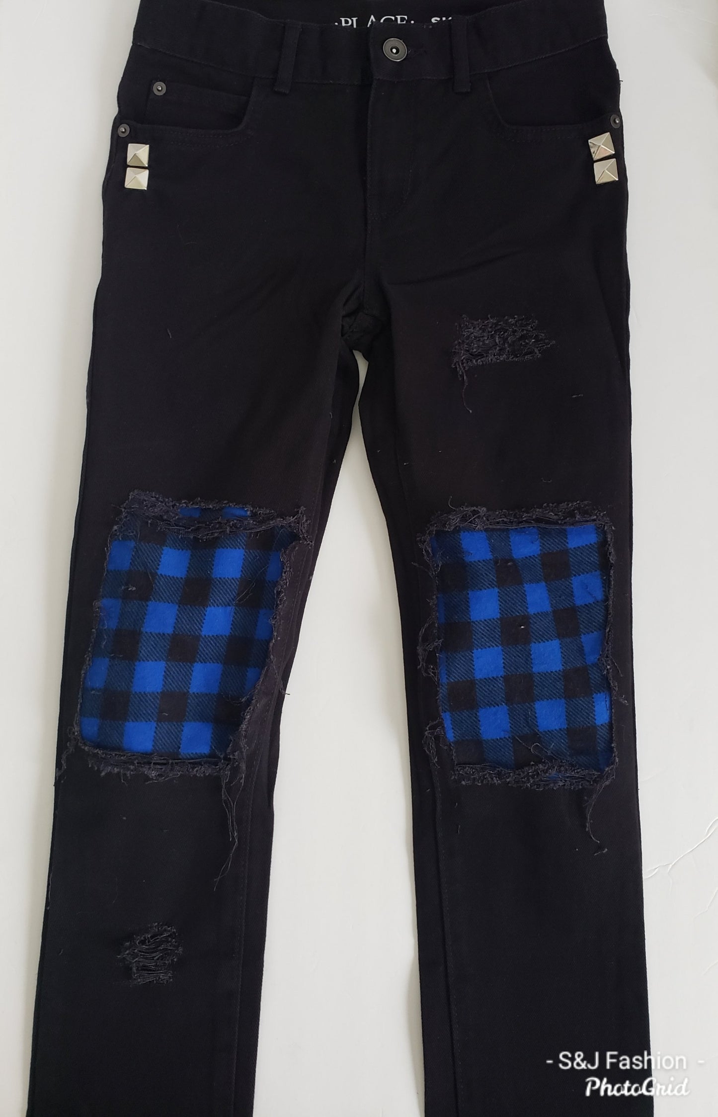 Blue Buffalo Plaid Unisex Distressed Jeans Christmas Girls Distressed Jeans Boys Distressed Jeans