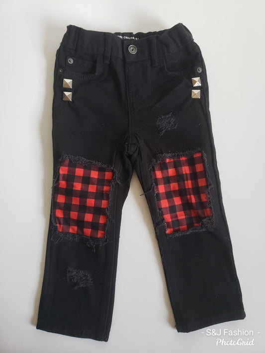 Red Buffalo Plaid Unisex Distressed Jeans Christmas Girls Distressed Jeans Boys Distressed Jeans