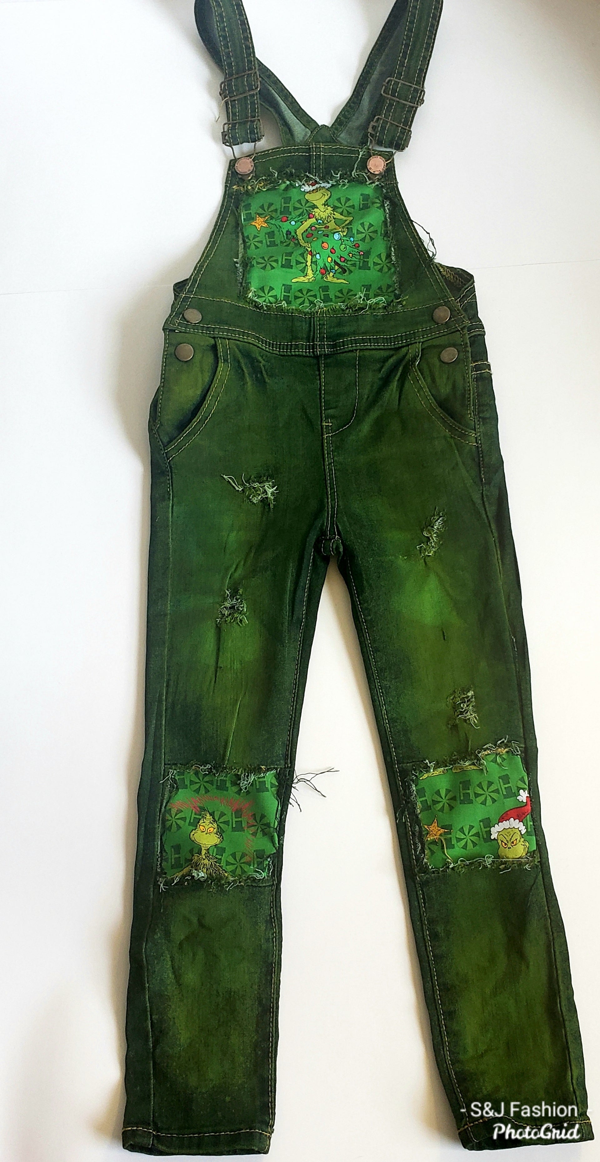 Grinch Christmas Distressed Overalls Jumper Girls Boys