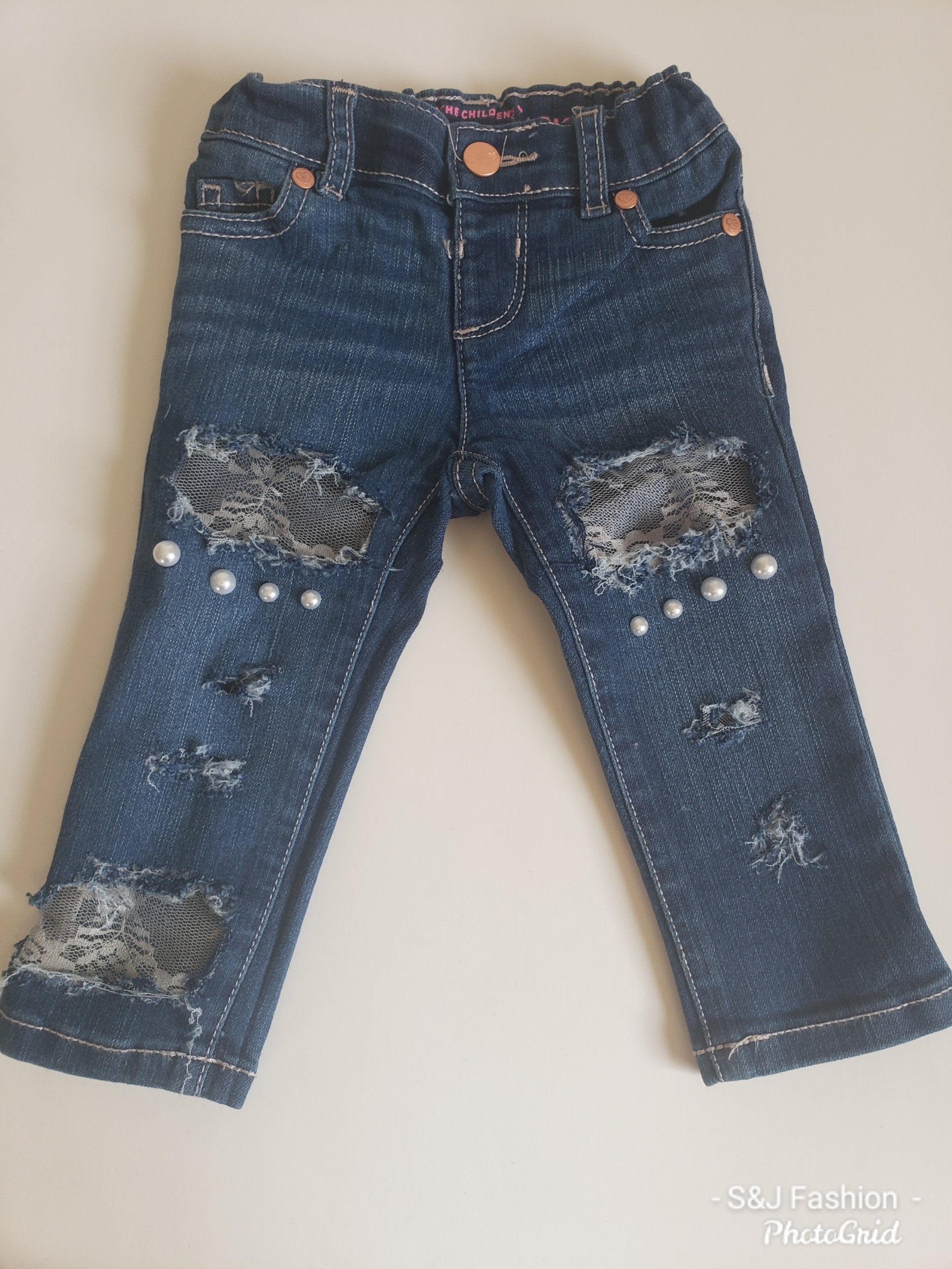 Girls Distressed Jeans Grey Lace Pearls