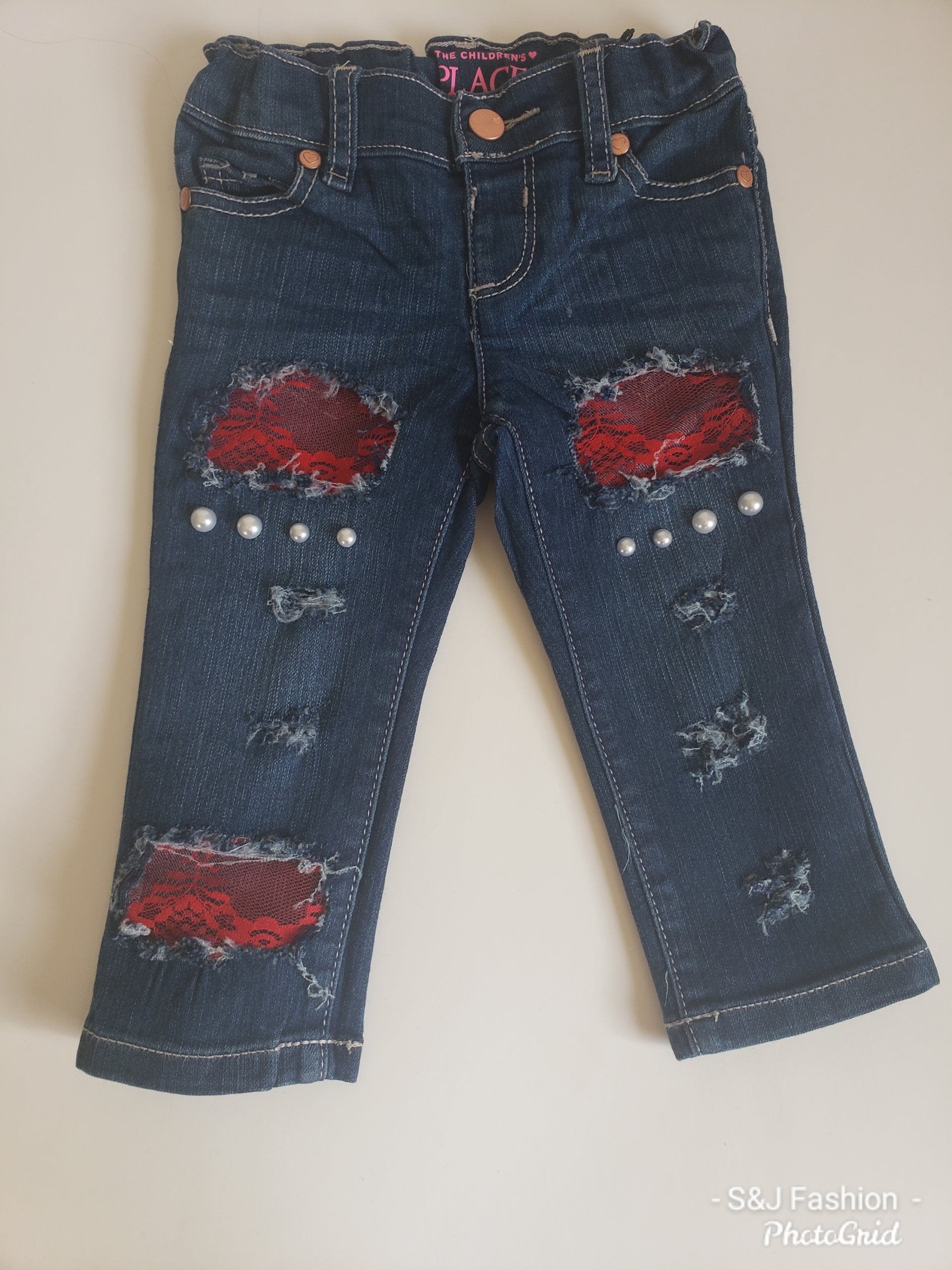 Valentine's Girls Distressed Jeans Red Lace Pearls