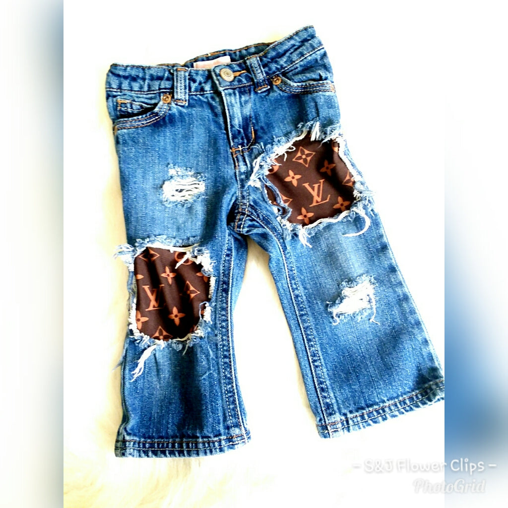 Brown LV Girls Distressed Jeans Designer