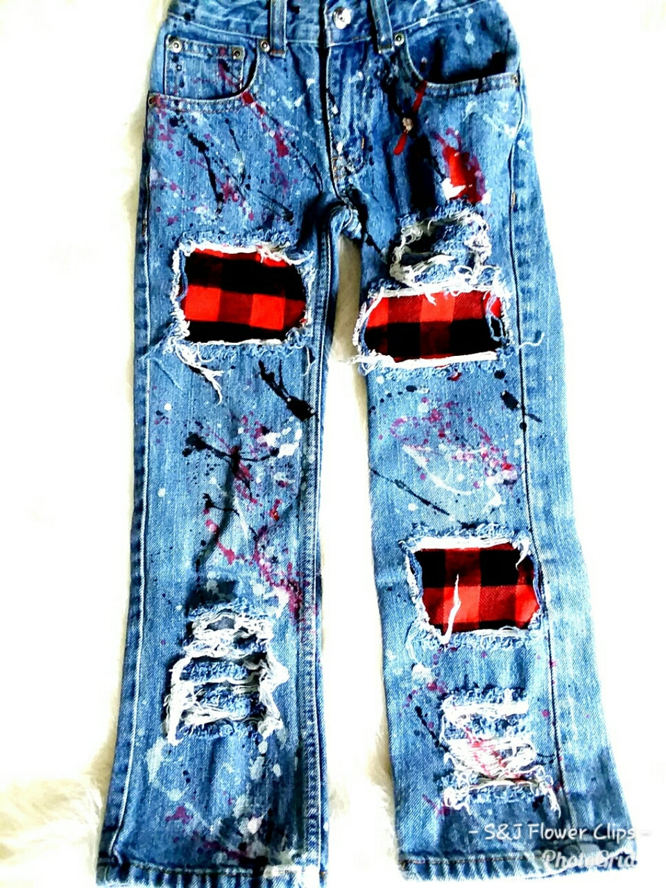 Buffalo Plaid Paint Splatters Boys Distressed Jeans Christmas