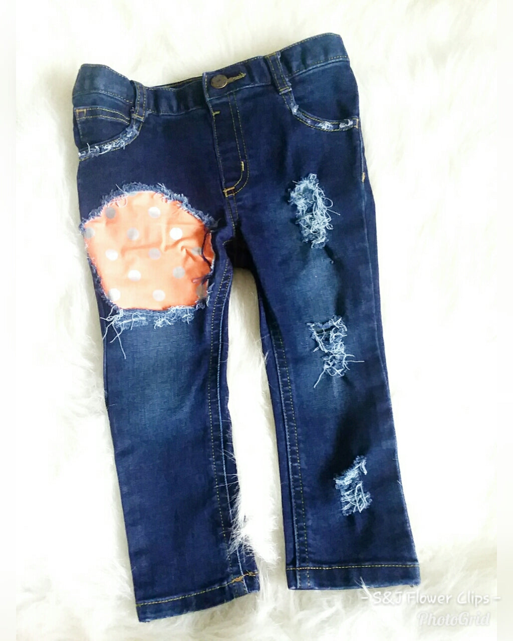 Orange Polka Dot Girls Distressed Jeans