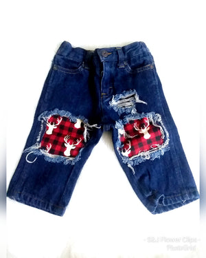 Buffalo Plaid Deer Boys Distressed Jeans Christmas Girls Distressed Jeans