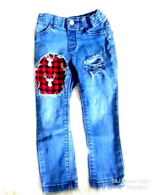 Buffalo Plaid Deer Girls Distressed Jeans Christmas