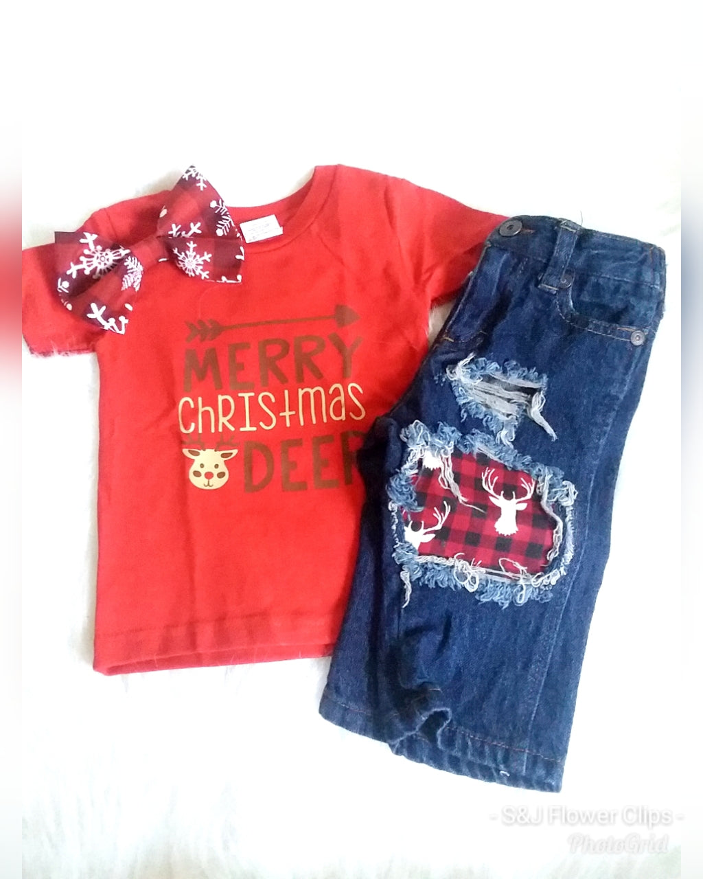 Buffalo Plaid Deer Boys Distressed Jeans Christmas Girls Distressed Jeans