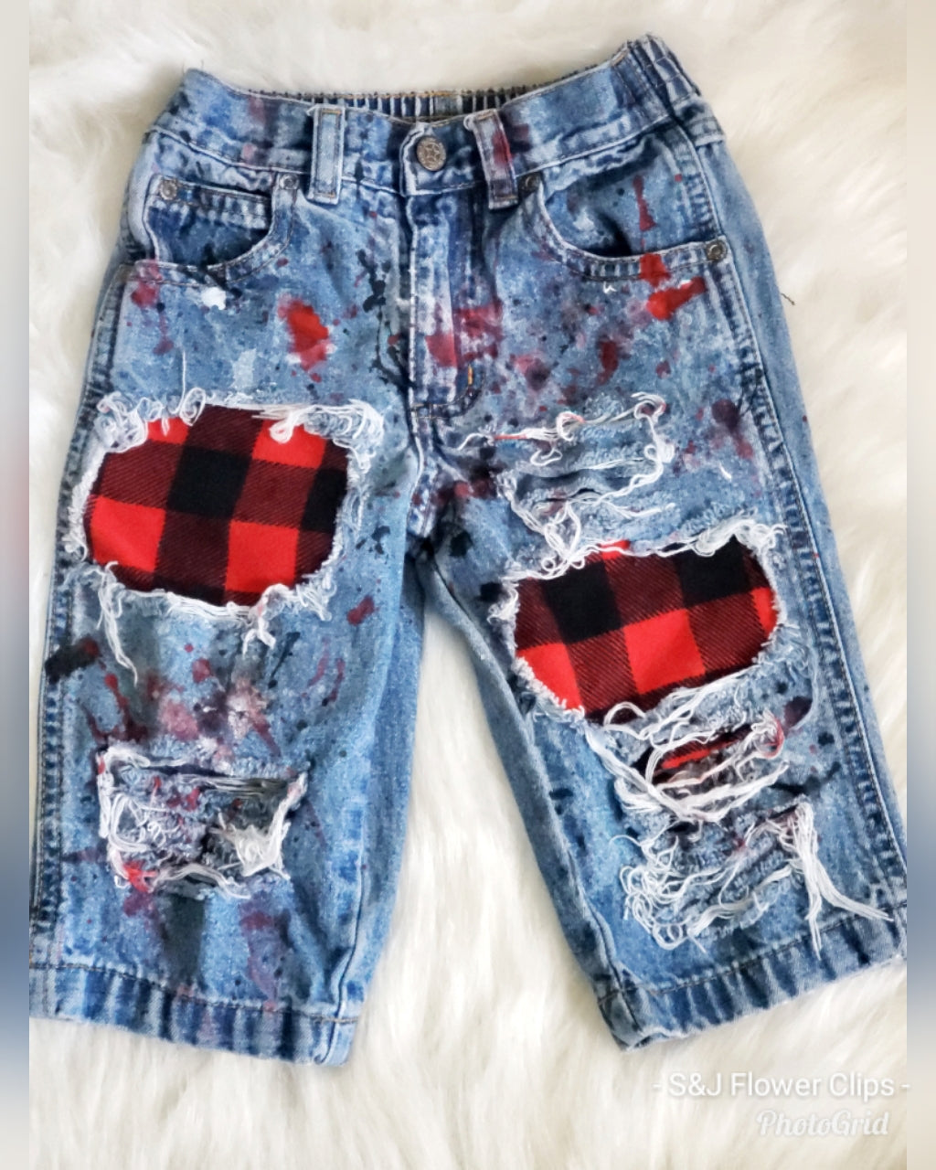 Buffalo Plaid Paint Splatters Boys Distressed Jeans Christmas