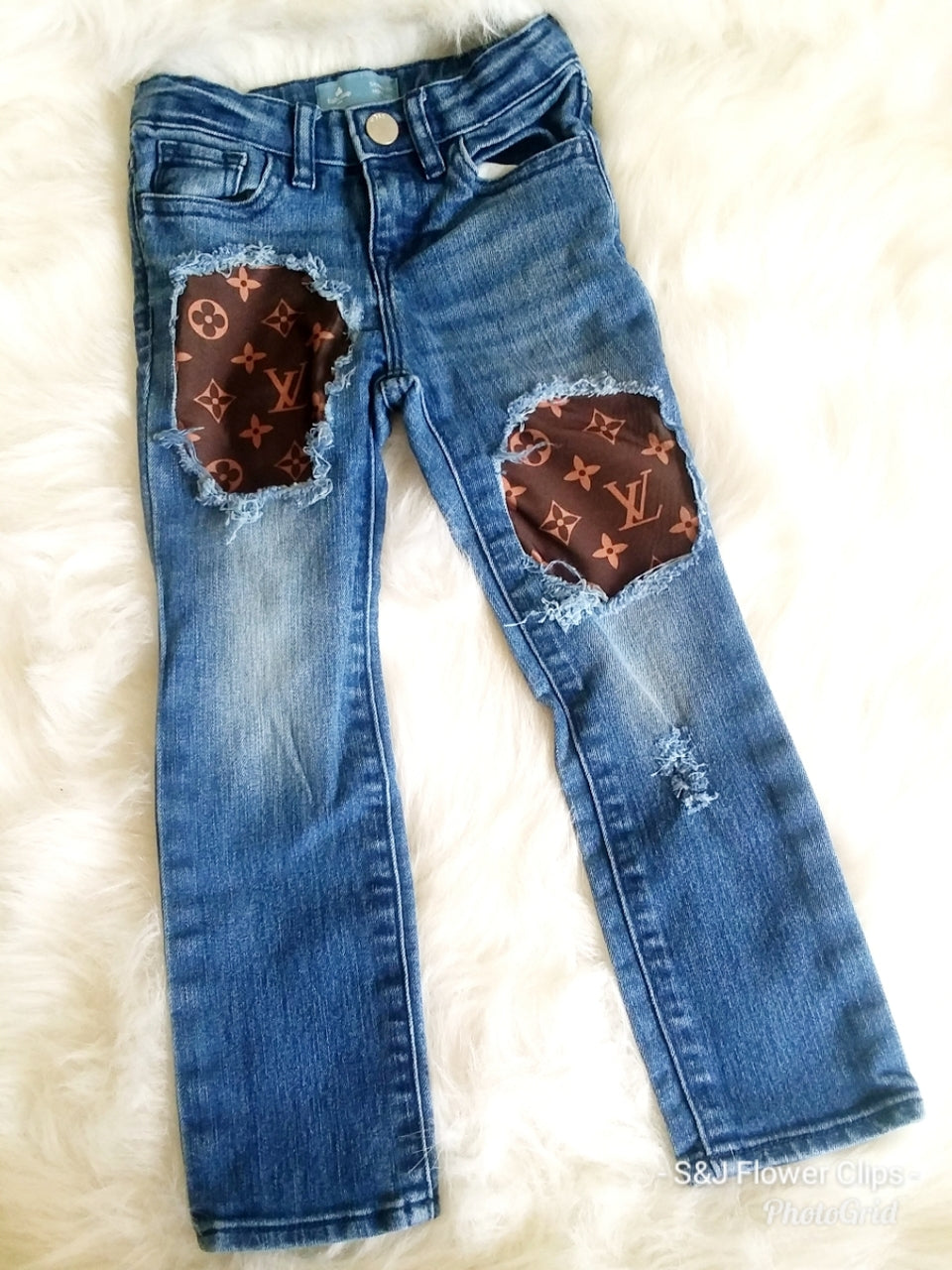 Brown LV Girls Distressed Jeans Designer