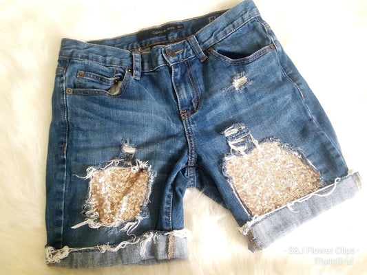 Rose Gold Sequins Girls Distressed Jeans Shorts