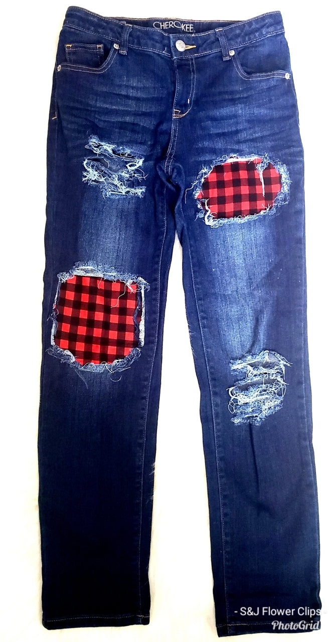 Buffalo Plaid Patches Girls Distressed Jeans Christmas