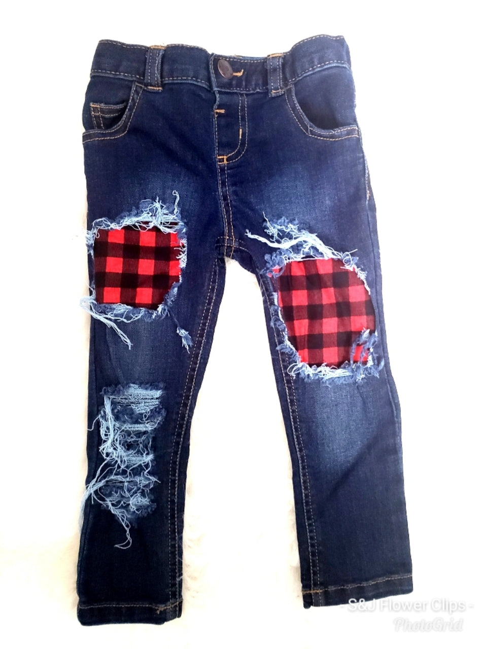 Buffalo Plaid Patches Girls Distressed Jeans Christmas