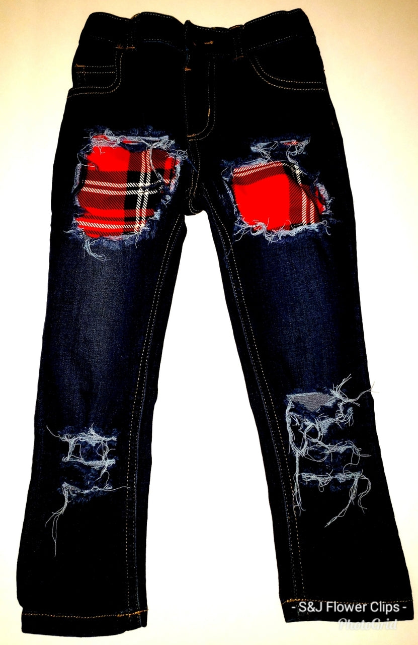 Red Plaid Patches Girls Distressed Jeans Christmas