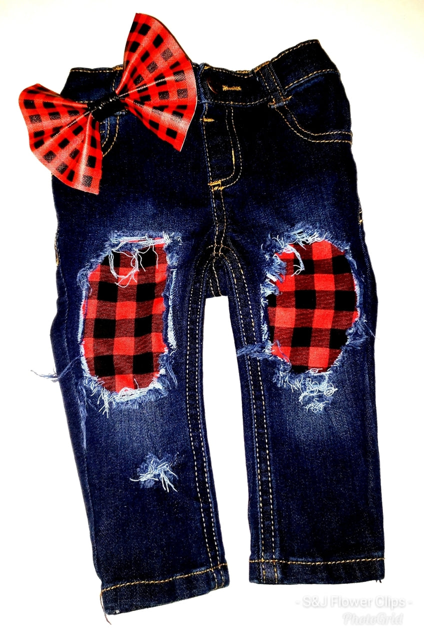 Buffalo Plaid Peeka Boo Girls Distressed Jeans Christmas