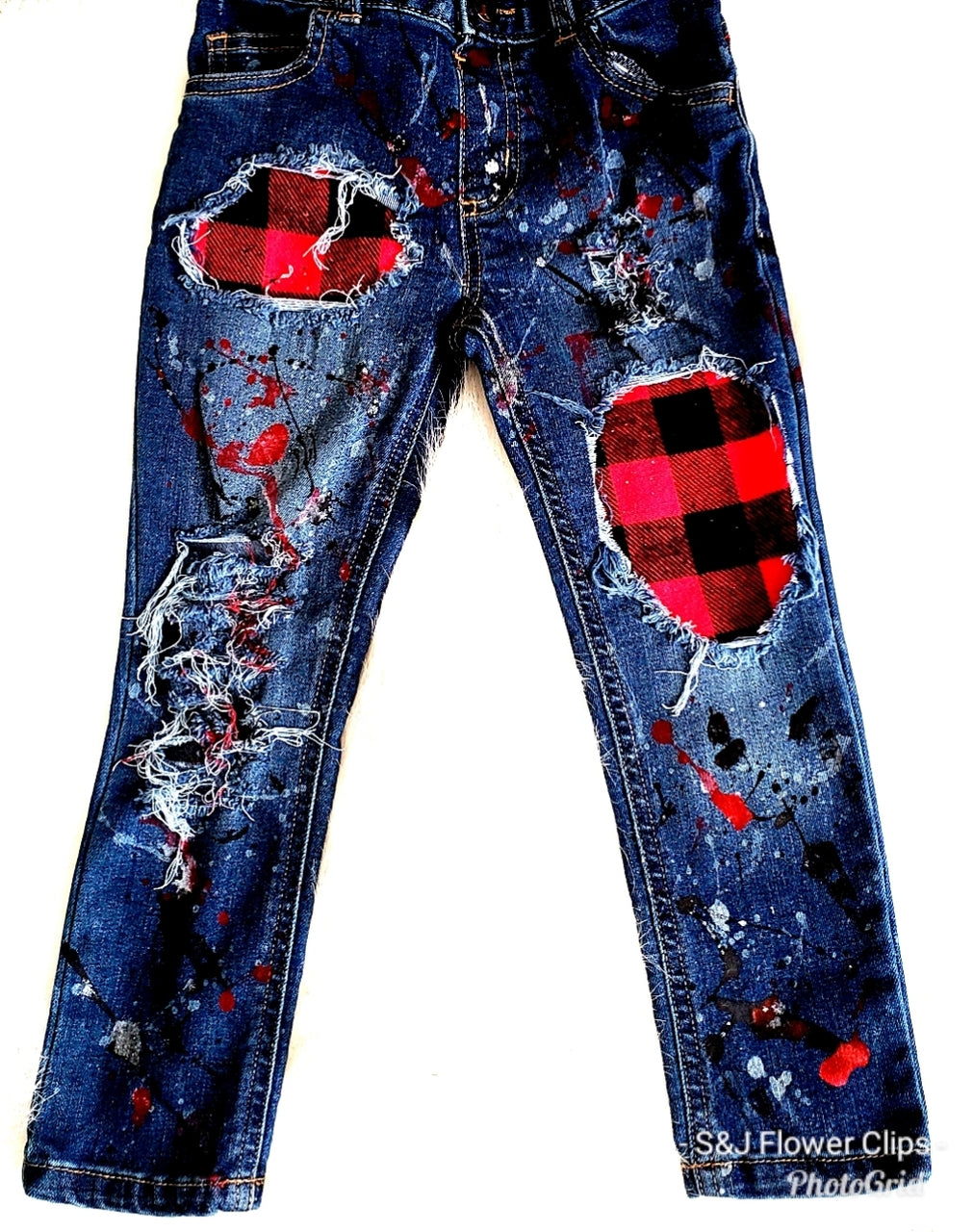 Girls Buffalo Plaid paint Splatters Girls Distressed Jeans Christmas