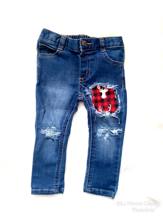 Buffalo Plaid Deer Girls Distressed Jeans Christmas