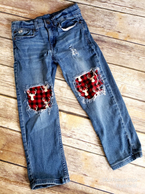 Buffalo Plaid Deer Boys Distressed Jeans Christmas Girls Distressed Jeans